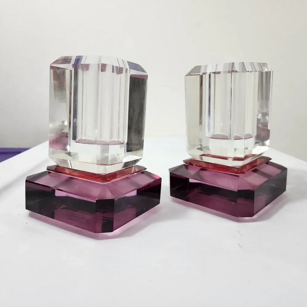 Anthropologie Crystal Cut Glass Vase Clear Pink 2Pc Set Stacked Footed Square